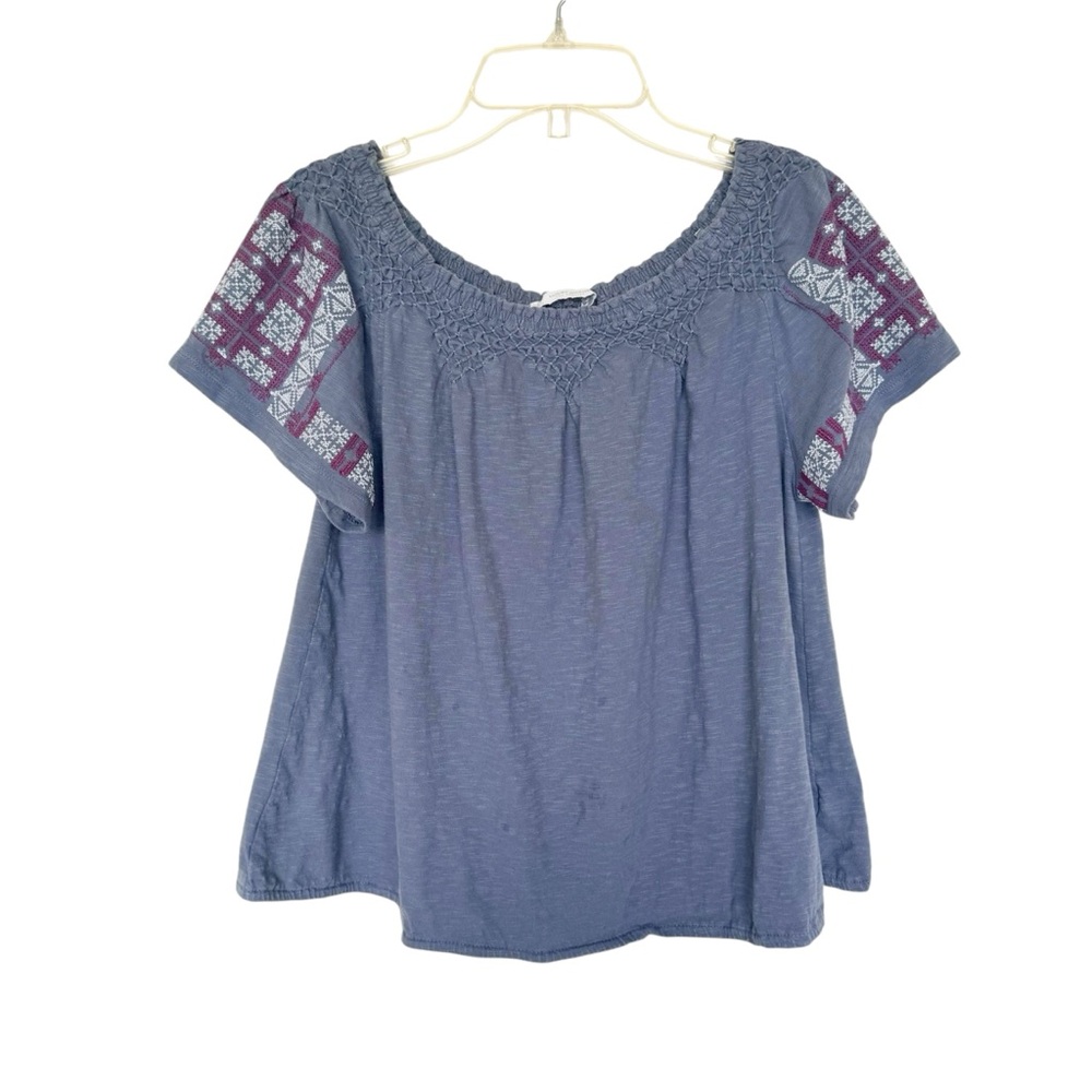 Lucky Brand Short Sleeve Off Shoulder Embroidered Top Blue Purple